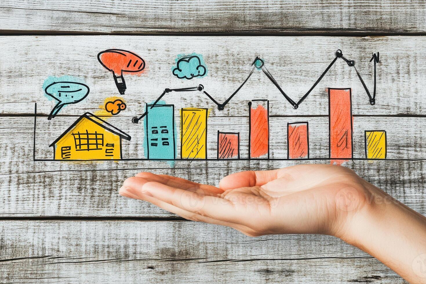 Hand presenting colorful graphs and charts on wooden background, symbolizing growth and analysis photo