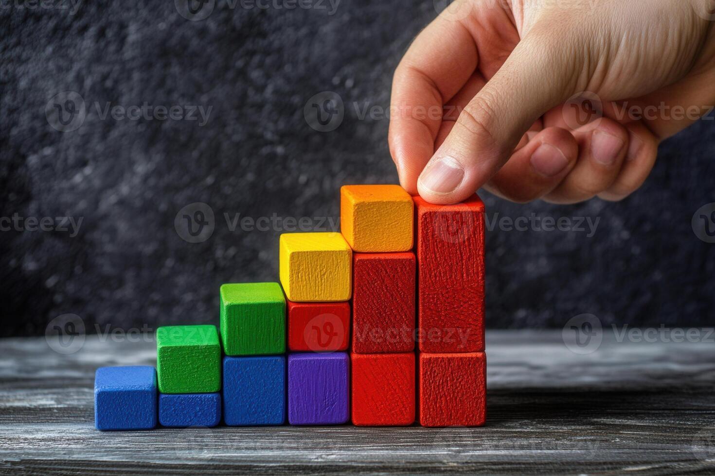Hand arranging colorful building blocks in ascending order on a textured surface photo
