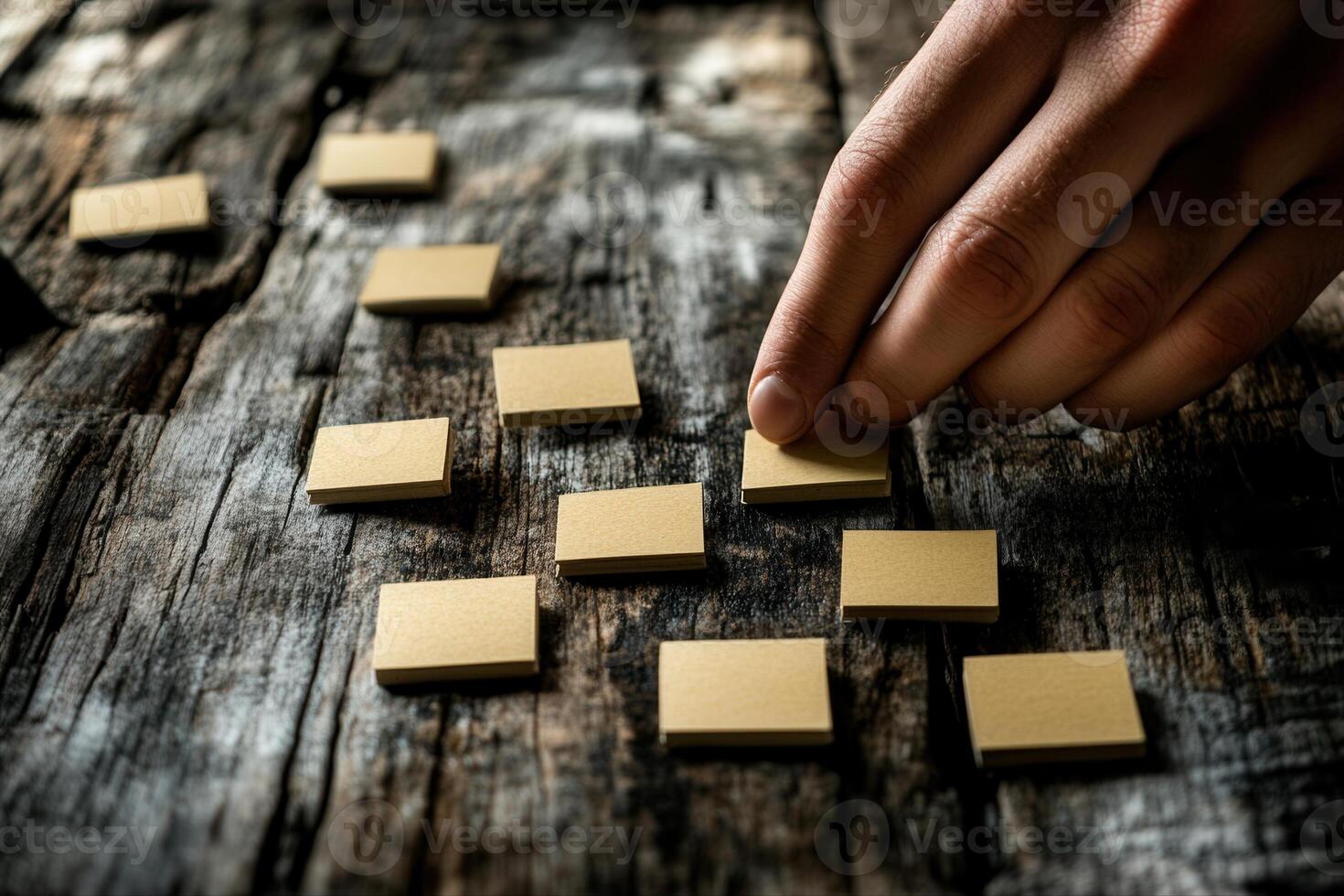 Hand arranging blank tiles on a rustic wooden table, creating a game setup in a cozy atmosphere photo