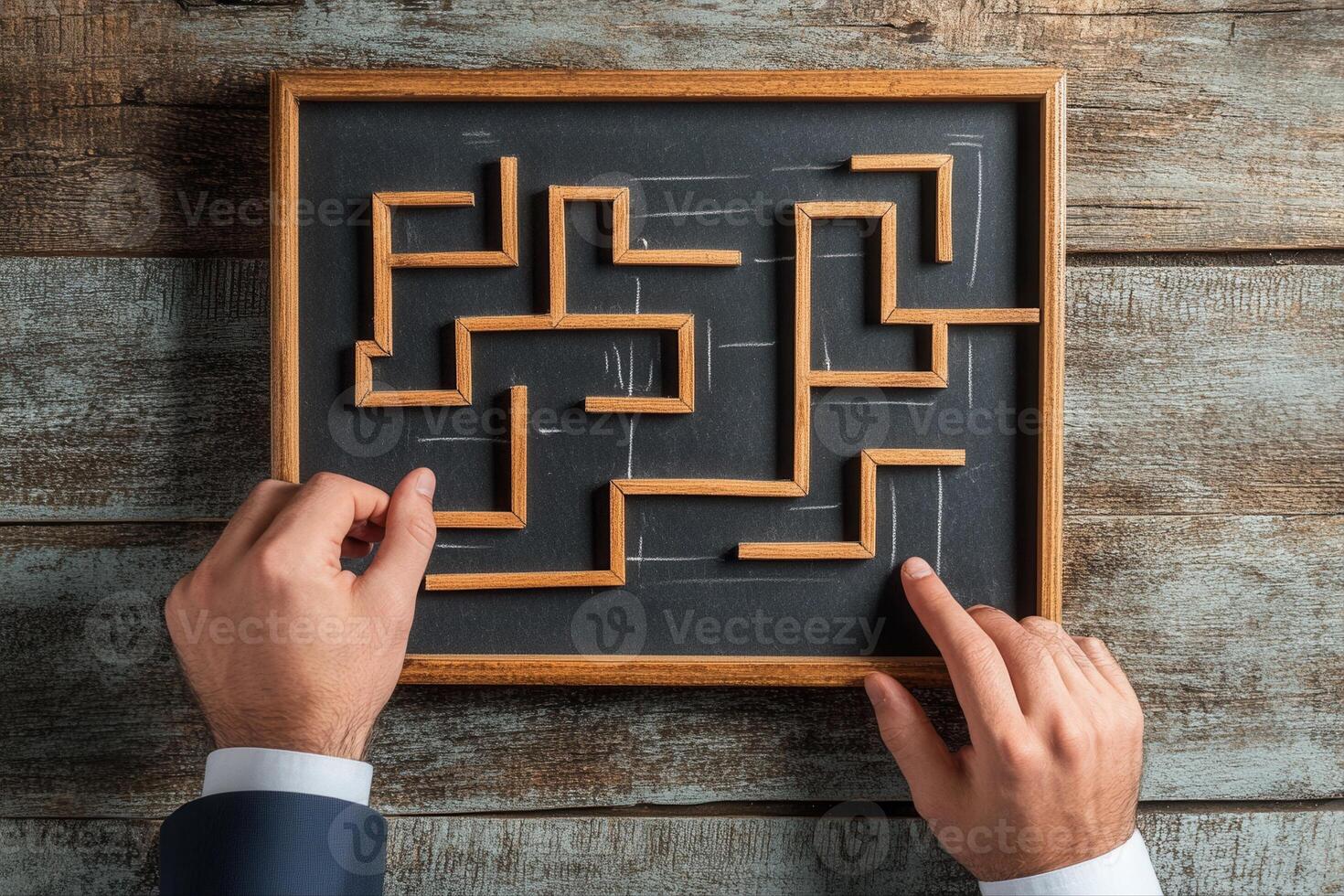 Hands navigating a wooden maze on a chalkboard against a rustic wood backdrop photo