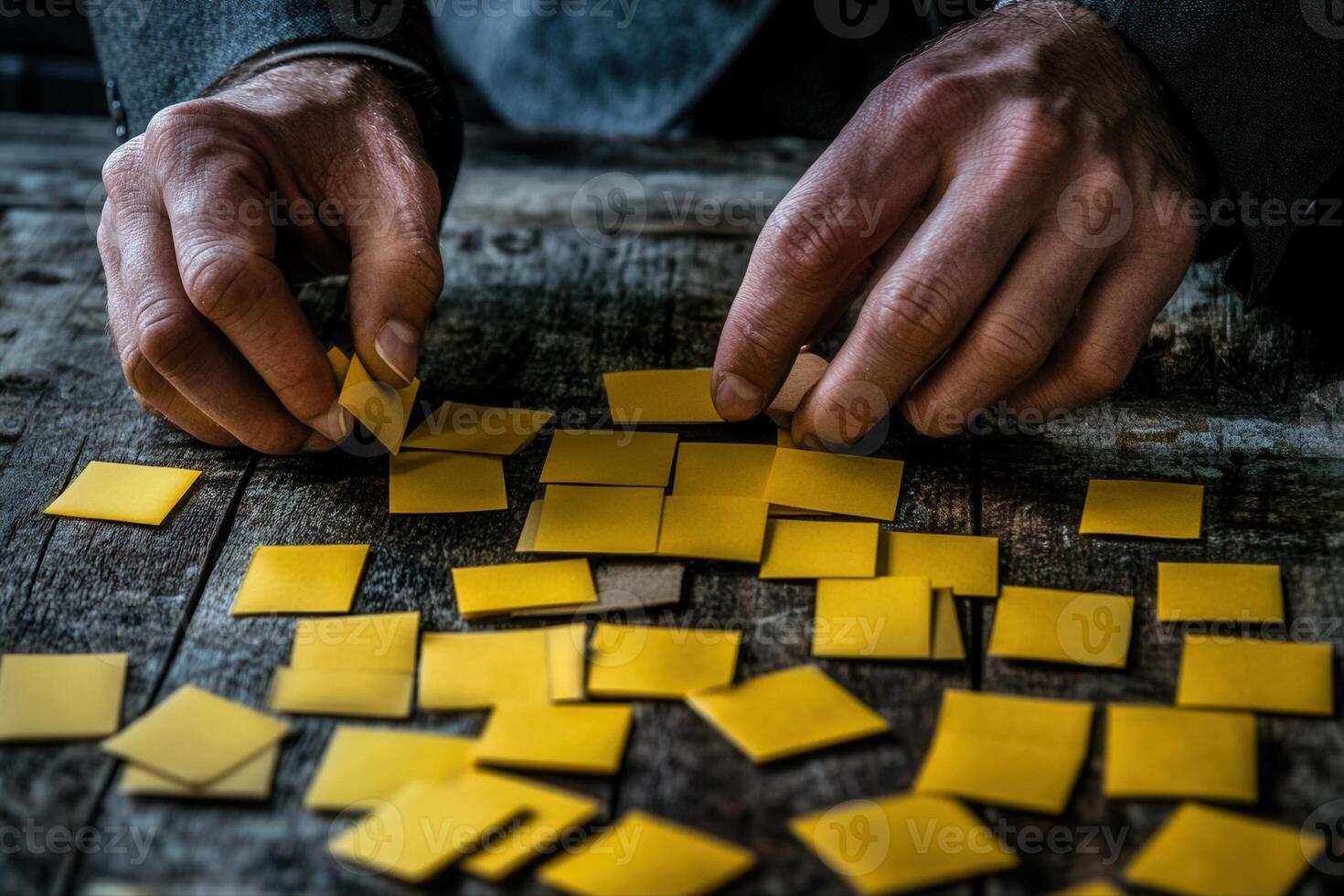 Hands arranging yellow sticky notes on a rustic wooden table in a creative workspace photo