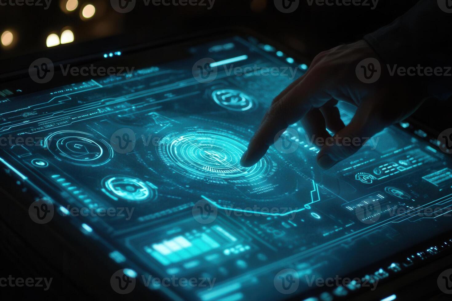 Futuristic touchscreen interface with a hand interacting in a dark, tech-inspired environment photo