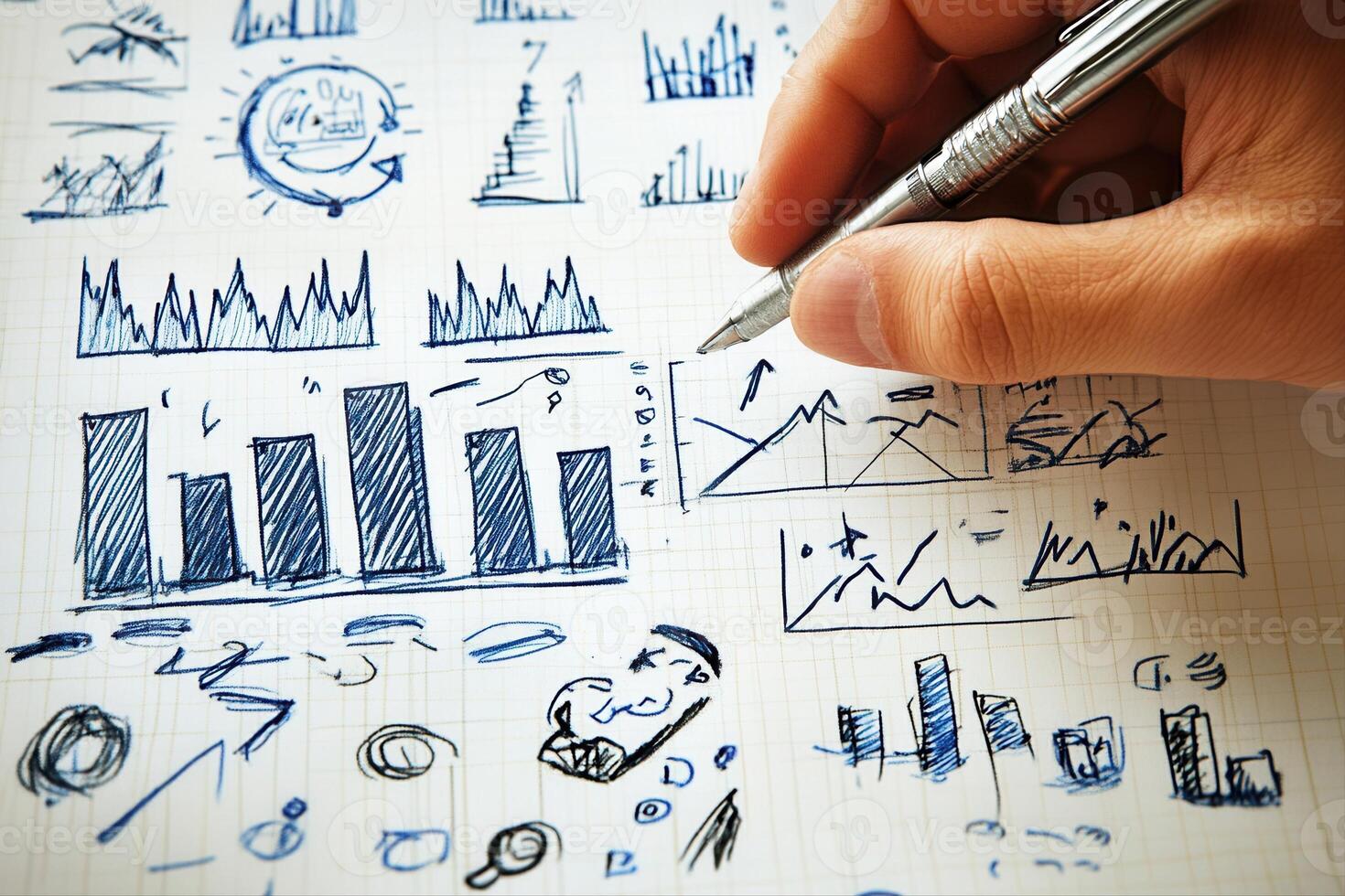 Hand sketching business graphs and charts on grid paper, illustrating data analysis concepts photo