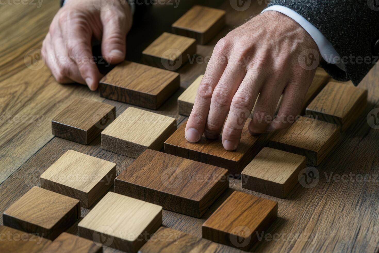 Hands arranging various wooden blocks on a table, showcasing craftsmanship and design photo