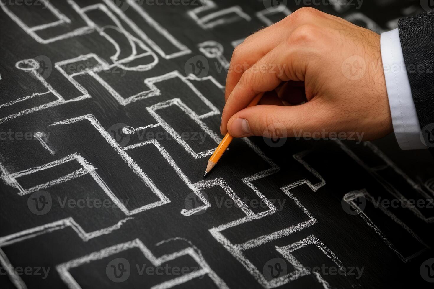 Hand drawing a complex maze on a chalkboard with a pencil, symbolizing problem-solving photo