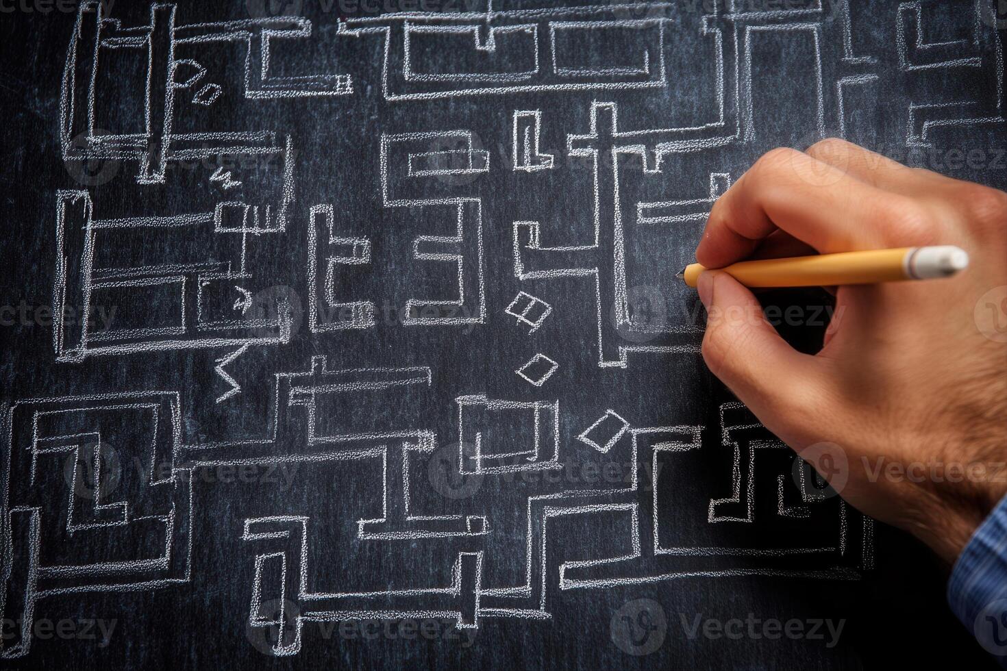 Hand drawing intricate maze patterns on a chalkboard, showcasing creativity and focus photo