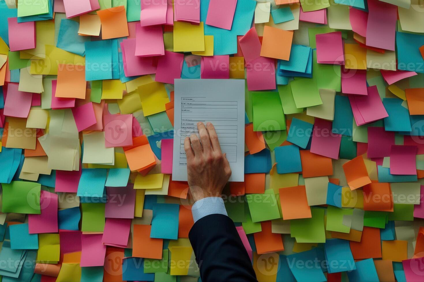 Hand placing a document on a vibrant wall covered with colorful sticky notes in an office photo