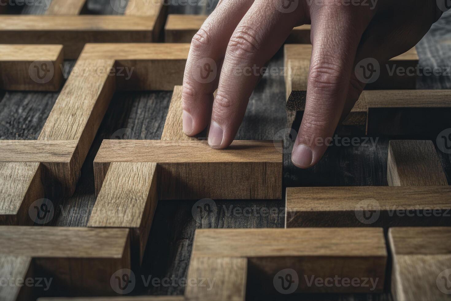 Hand placing wooden puzzle pieces on a rustic table, creating a unique design pattern photo