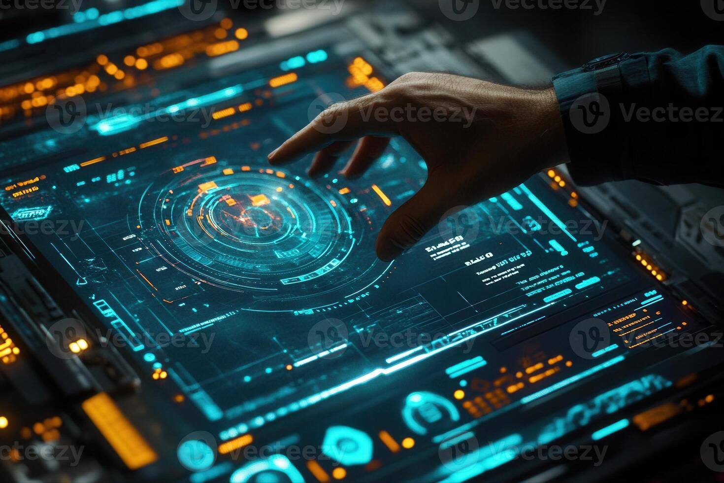 Futuristic hand interacting with a holographic interface displaying digital data and graphs photo