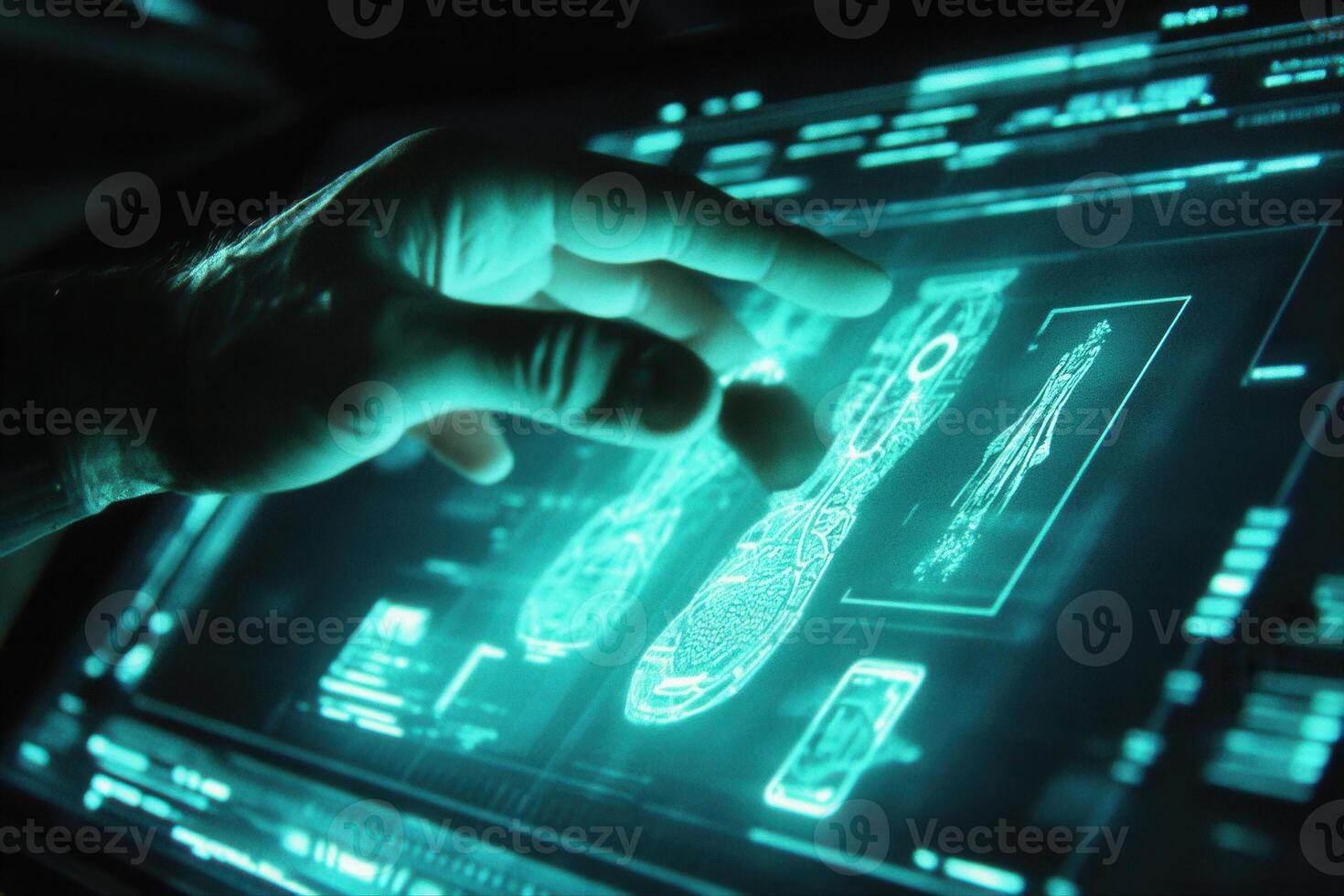 Futuristic hand interacting with holographic display showcasing anatomical data and analysis photo