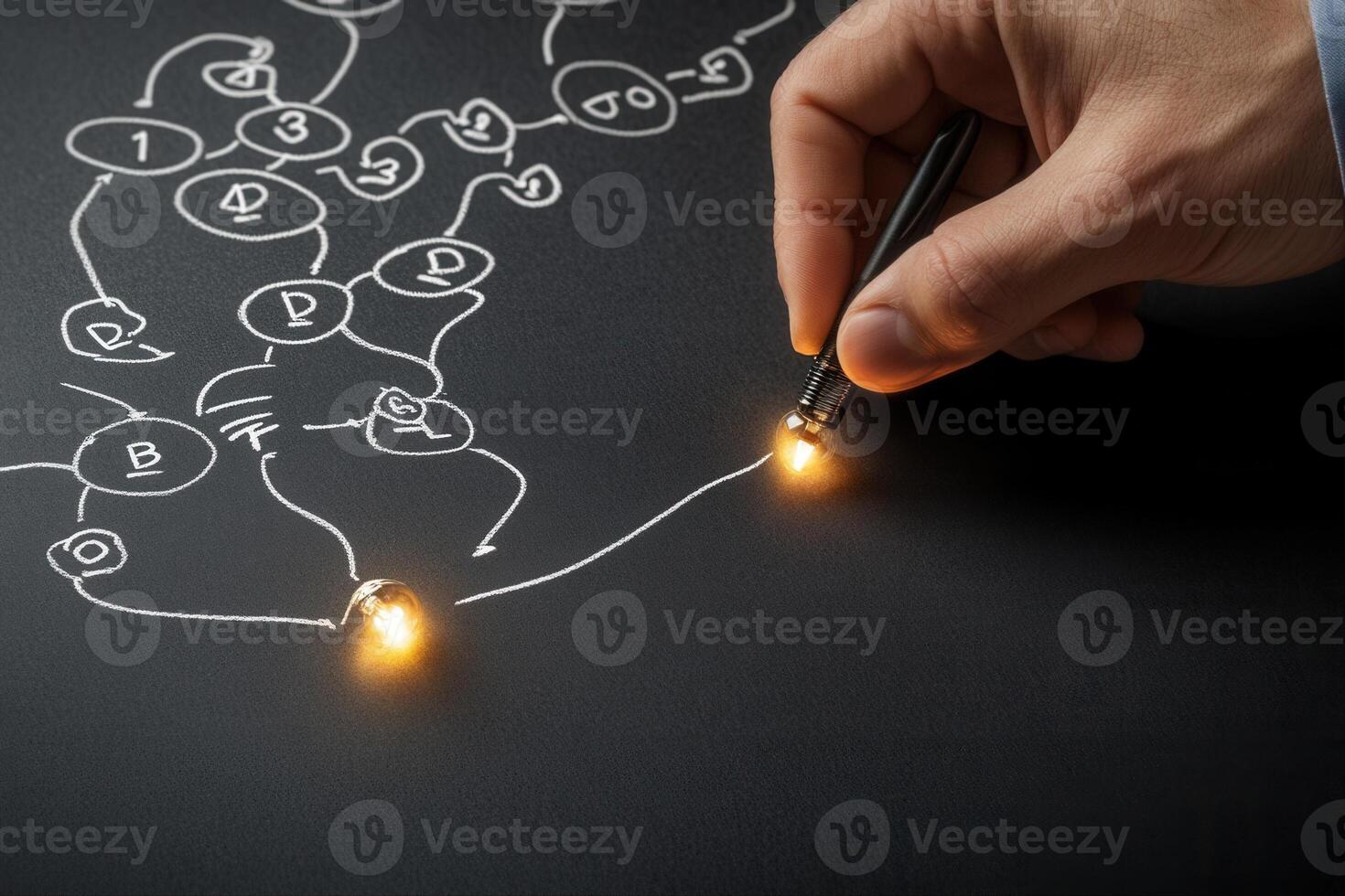 Hand tracing a complex diagram with glowing points on a chalkboard, illustrating ideas photo