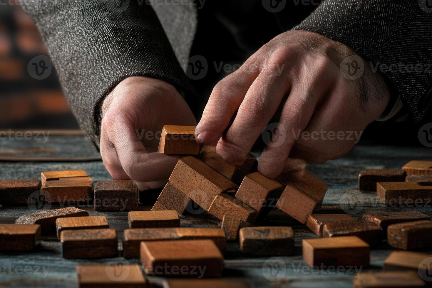 Hands skillfully arranging wooden blocks on a rustic table, showcasing creativity and focus photo