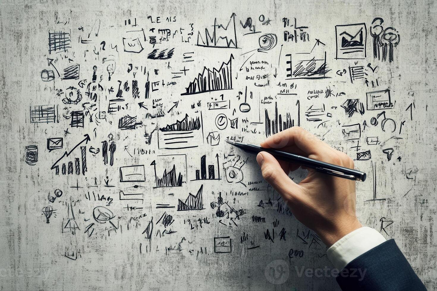 Hand drawing various graphs and charts on a concrete wall, illustrating business data analysis photo