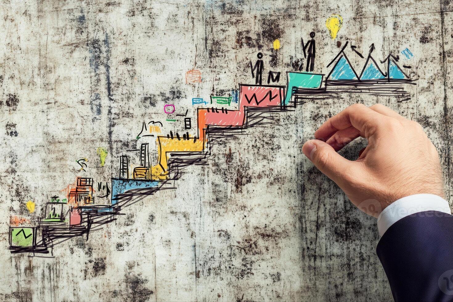 Hand illustrating growth steps with colorful sketches on a textured wall background photo