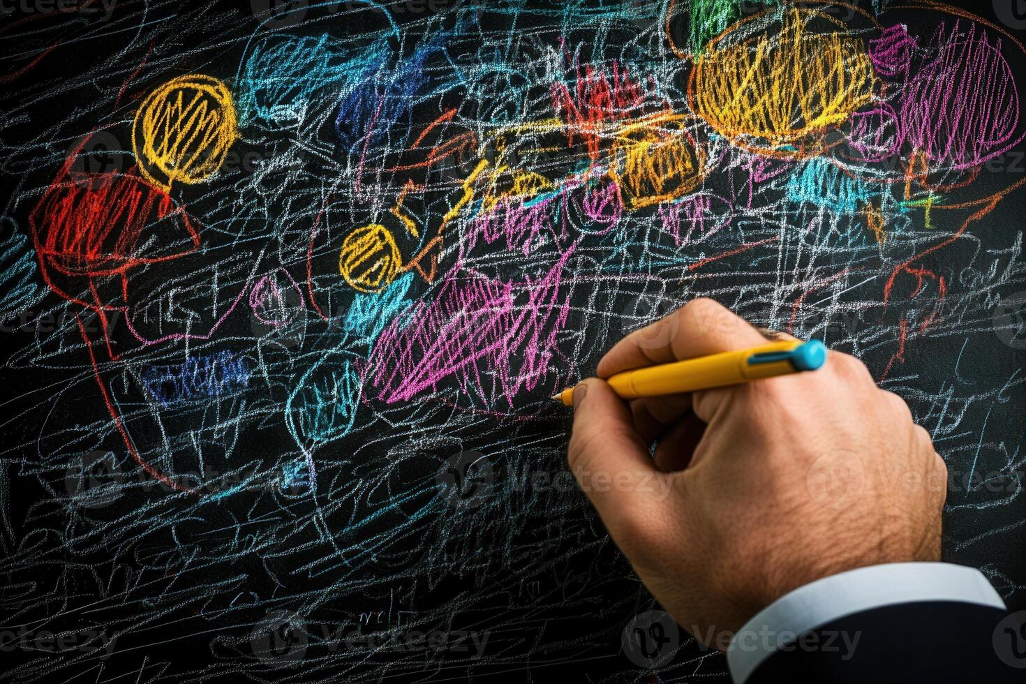 Hand holding a yellow pen, drawing colorful abstract shapes on a blackboard background photo