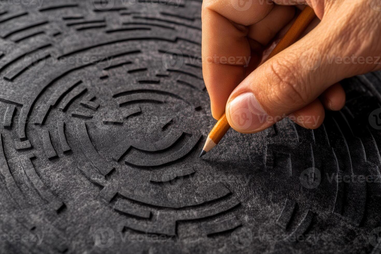 Hand drawing intricate patterns on textured black surface with a pencil, showcasing creativity photo