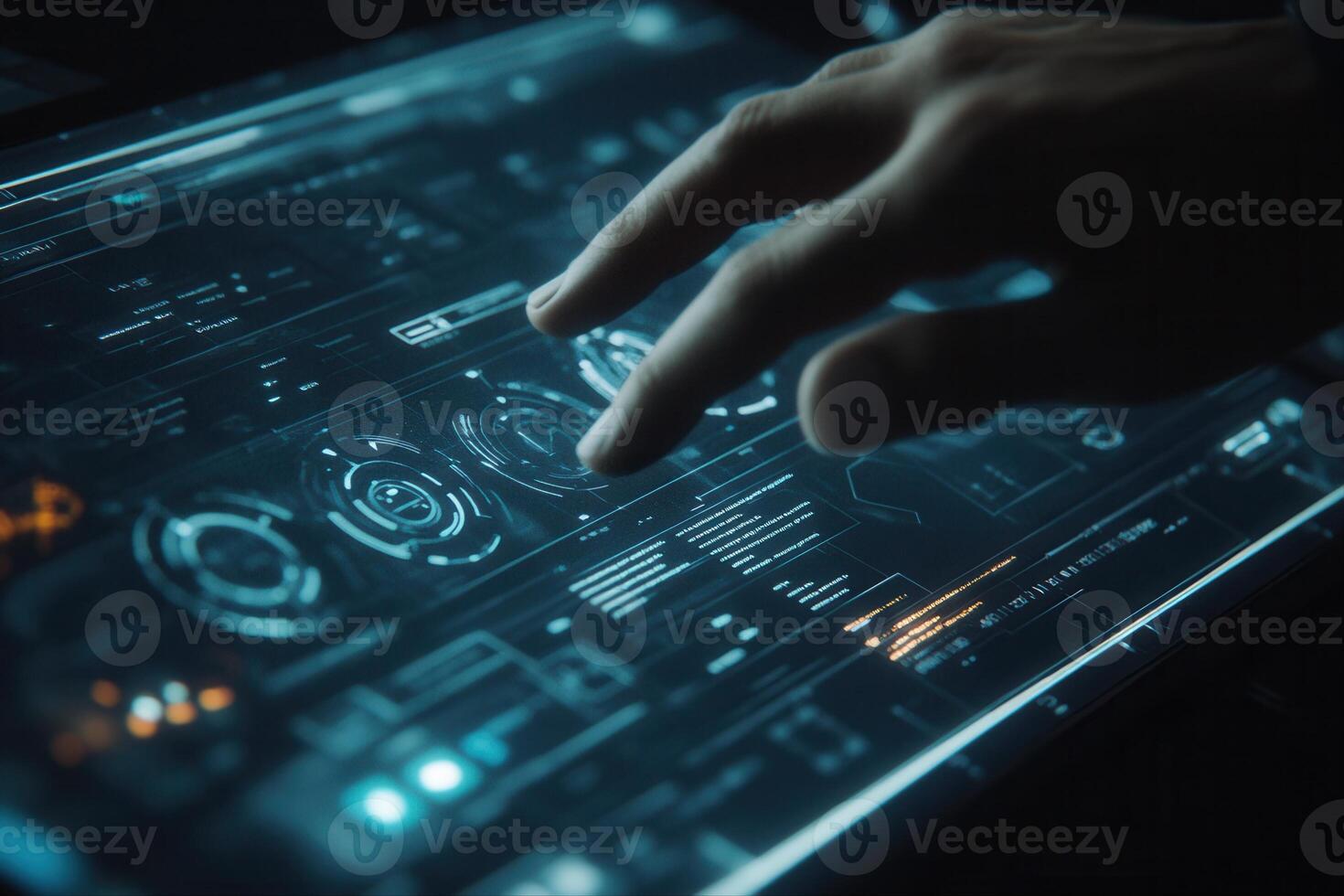 Hand interacting with a futuristic touchscreen display showcasing data and analytics photo