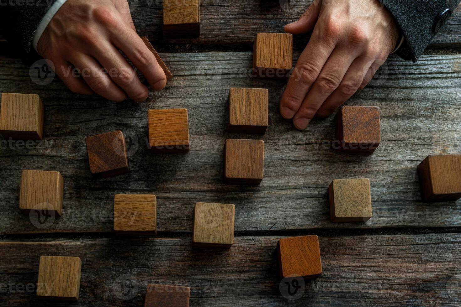 Hands arranging wooden blocks on a rustic table, showcasing creativity and focus photo