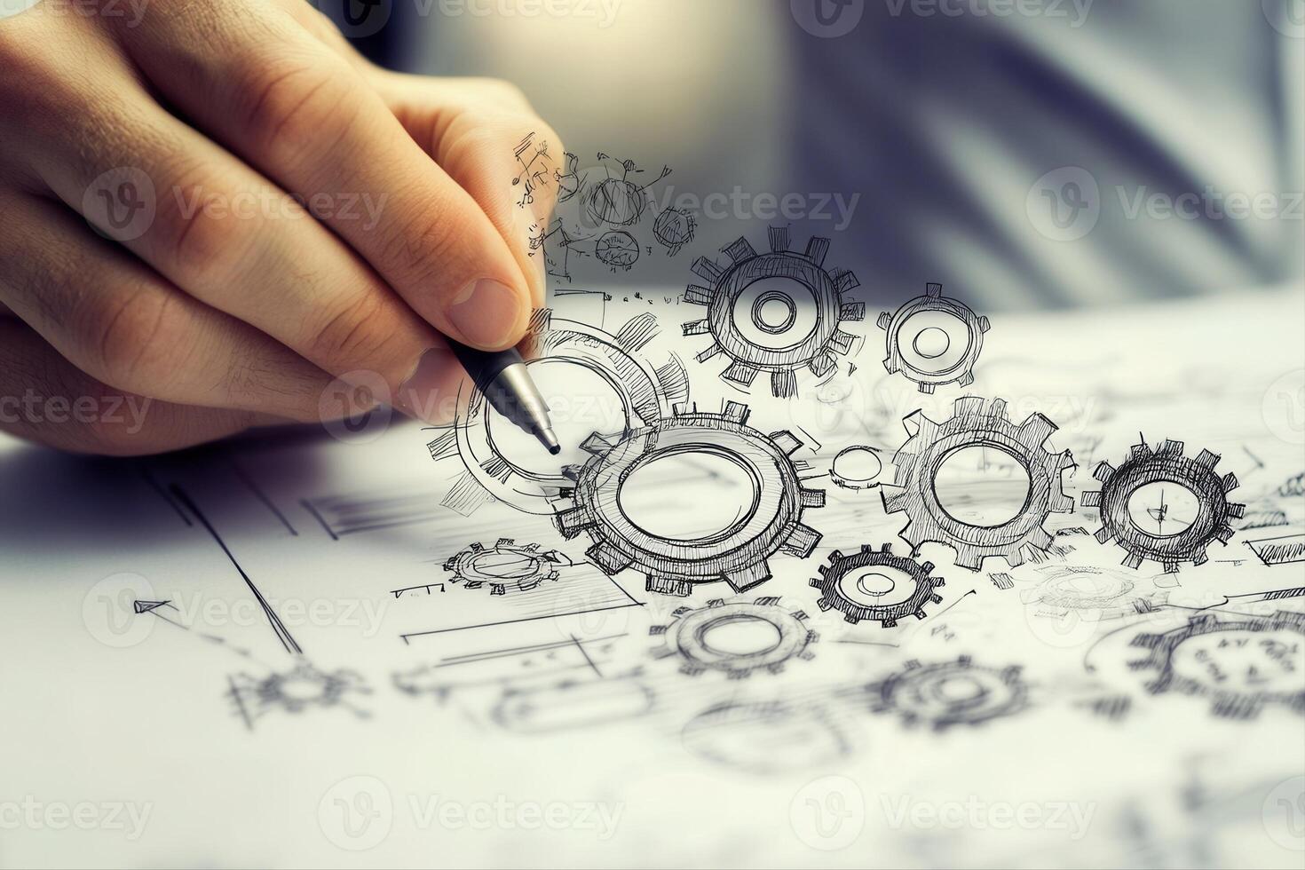 Hand sketching intricate gears on paper, showcasing creativity in engineering design photo