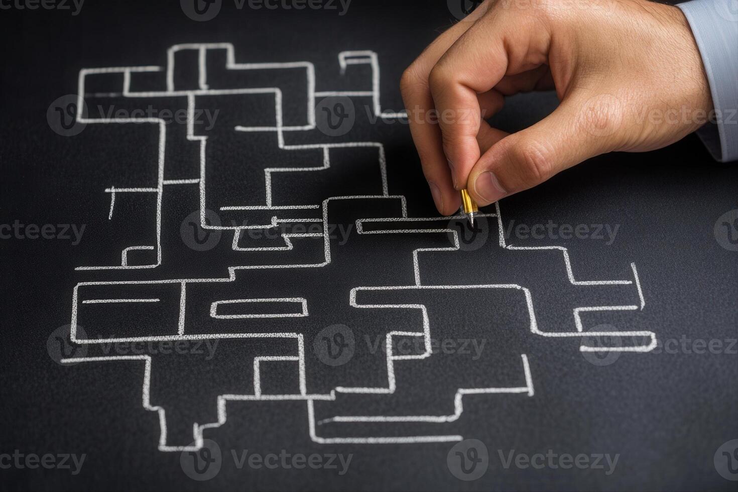 Hand sketching a complex maze on a blackboard, illustrating creativity and problem-solving photo