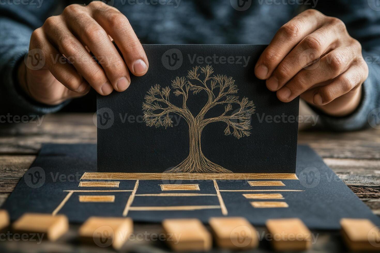 Hands holding a black card with a golden tree design, on a wooden table with blocks photo