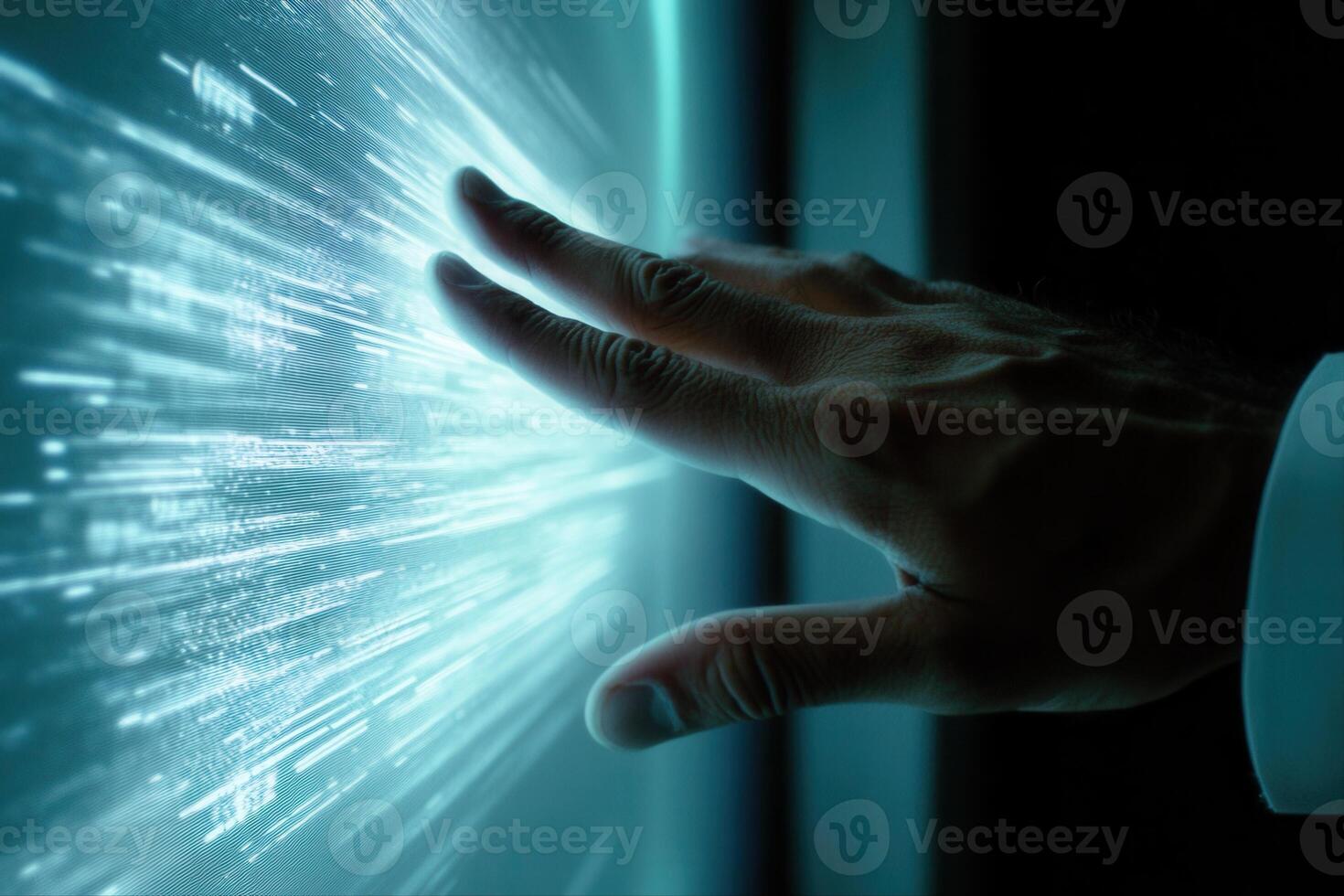 Human hand reaching towards a glowing digital interface, showcasing futuristic technology photo