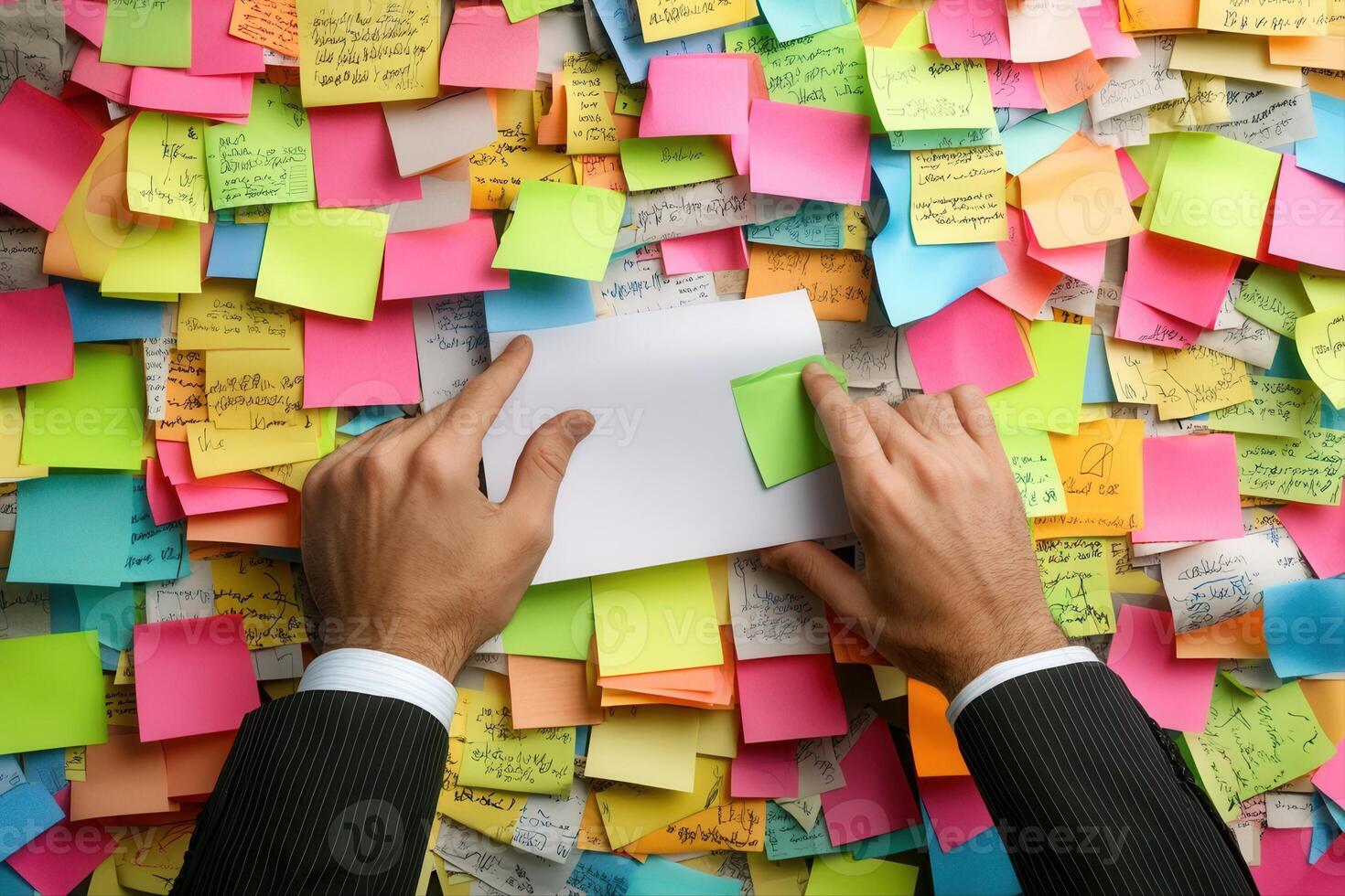 Hands placing a blank envelope among colorful sticky notes on a cluttered workspace photo
