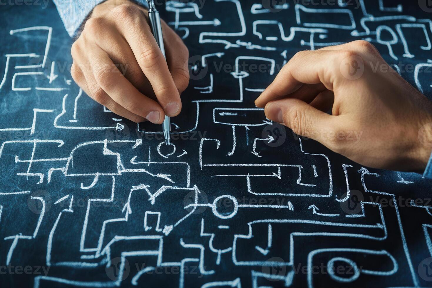 Hands sketching a complex maze on a dark surface, symbolizing problem-solving and creativity photo