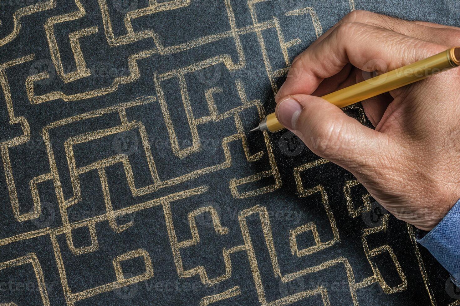Hand drawing intricate maze patterns on black surface with yellow pen, creative process photo
