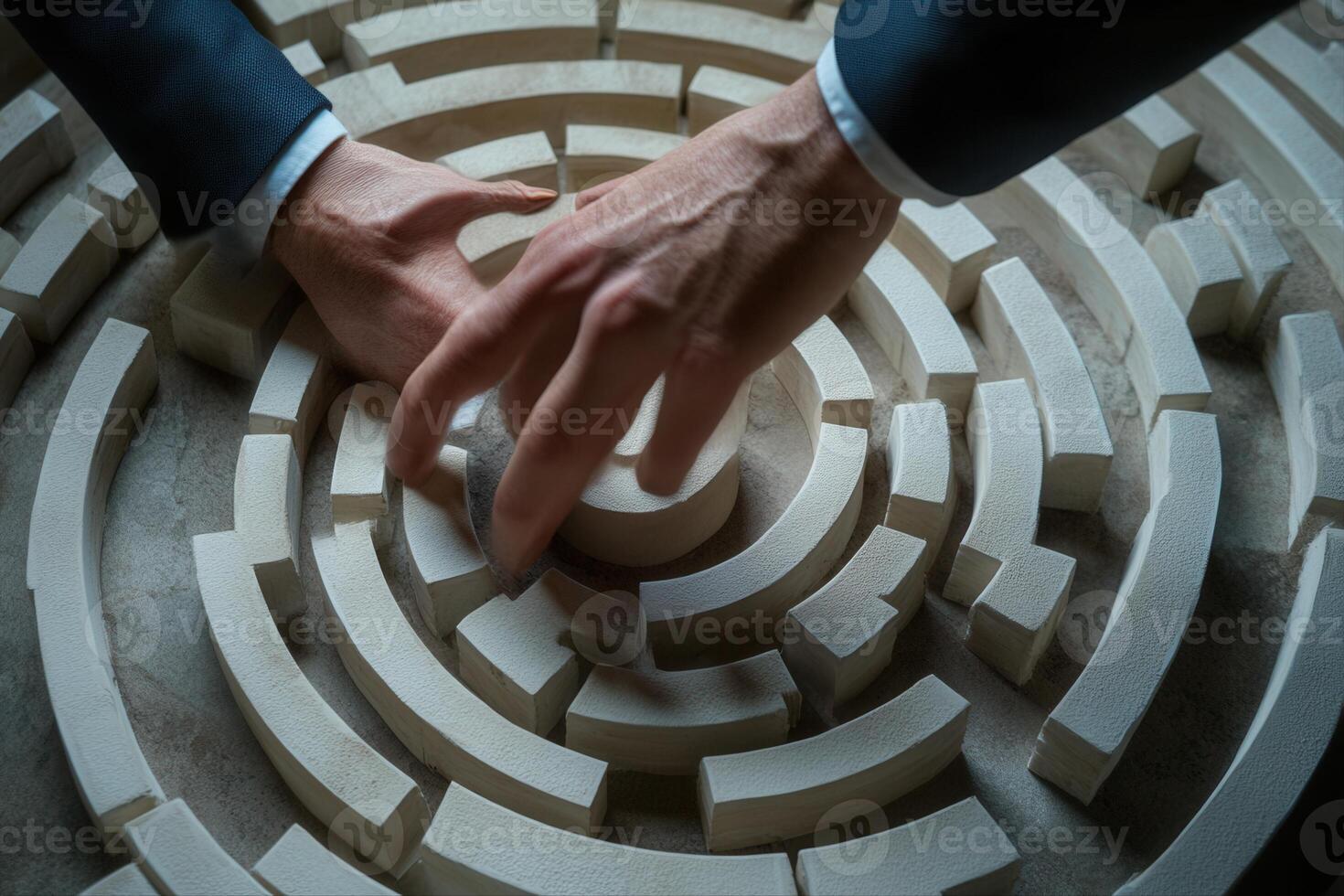 Two hands navigating a complex maze made of white blocks, symbolizing problem-solving photo