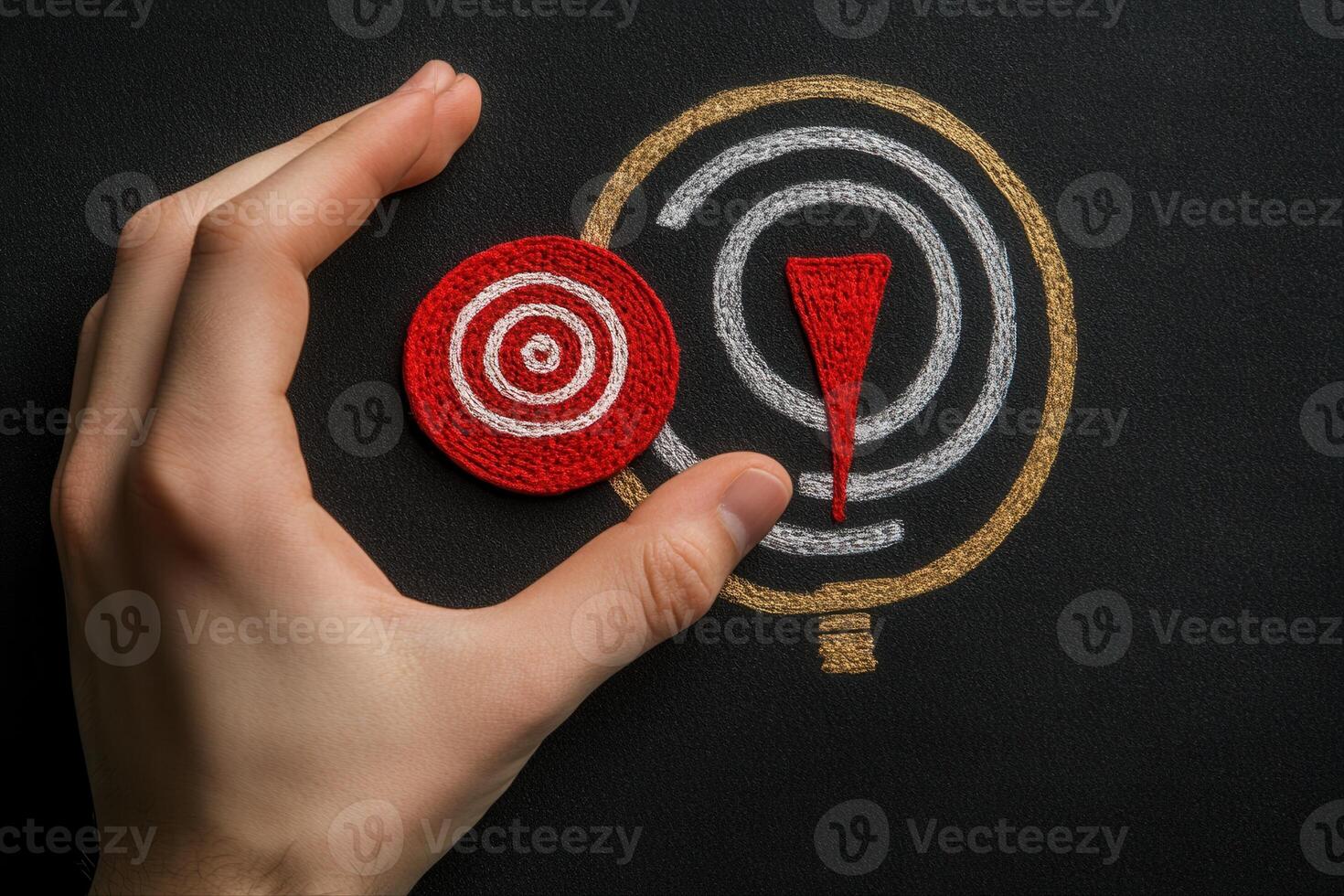 Hand holding a red target symbol against a chalkboard background with drawn concentric circles photo