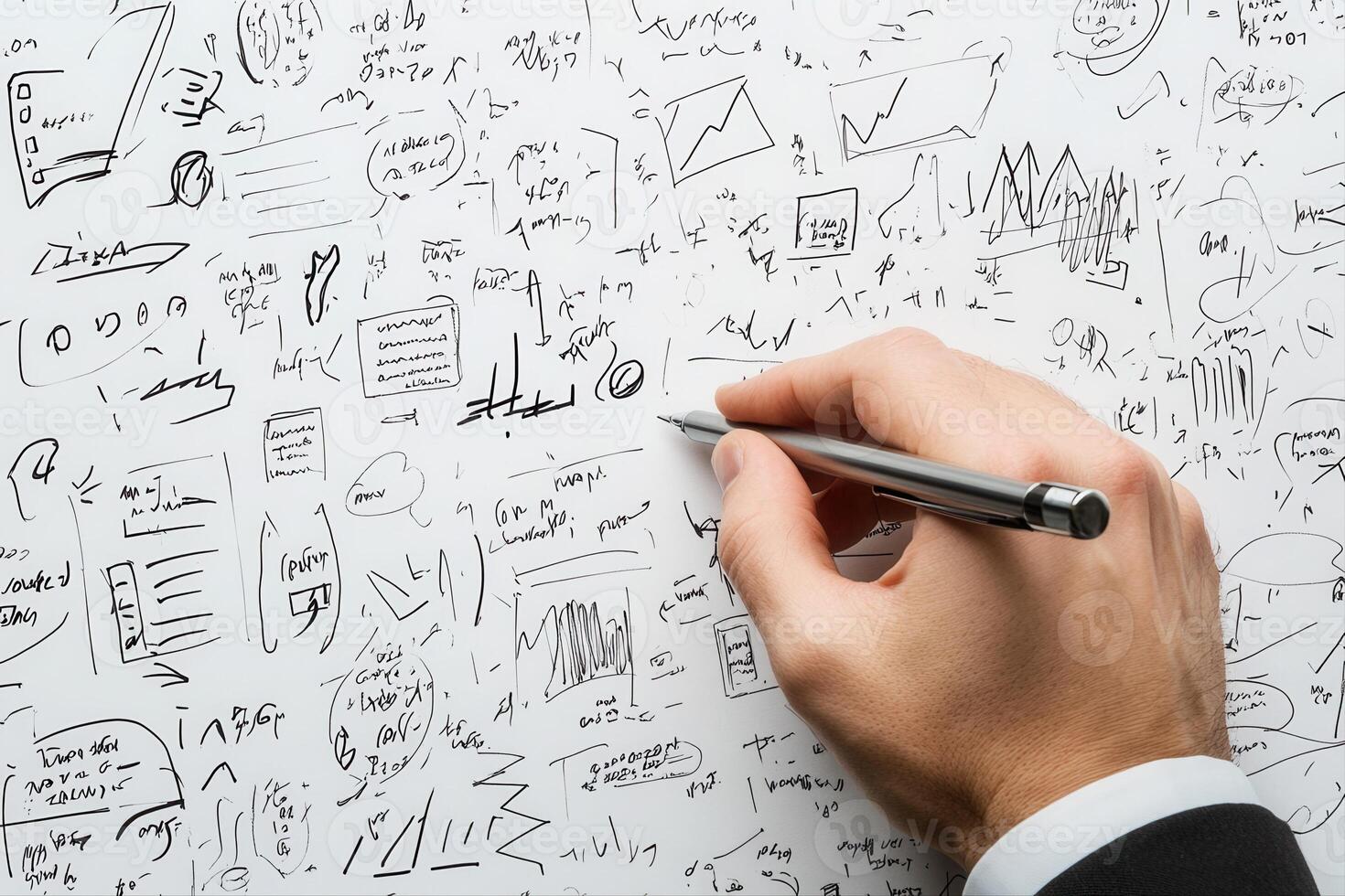 Hand holding pen over chaotic notes and graphs on paper, illustrating brainstorming session photo