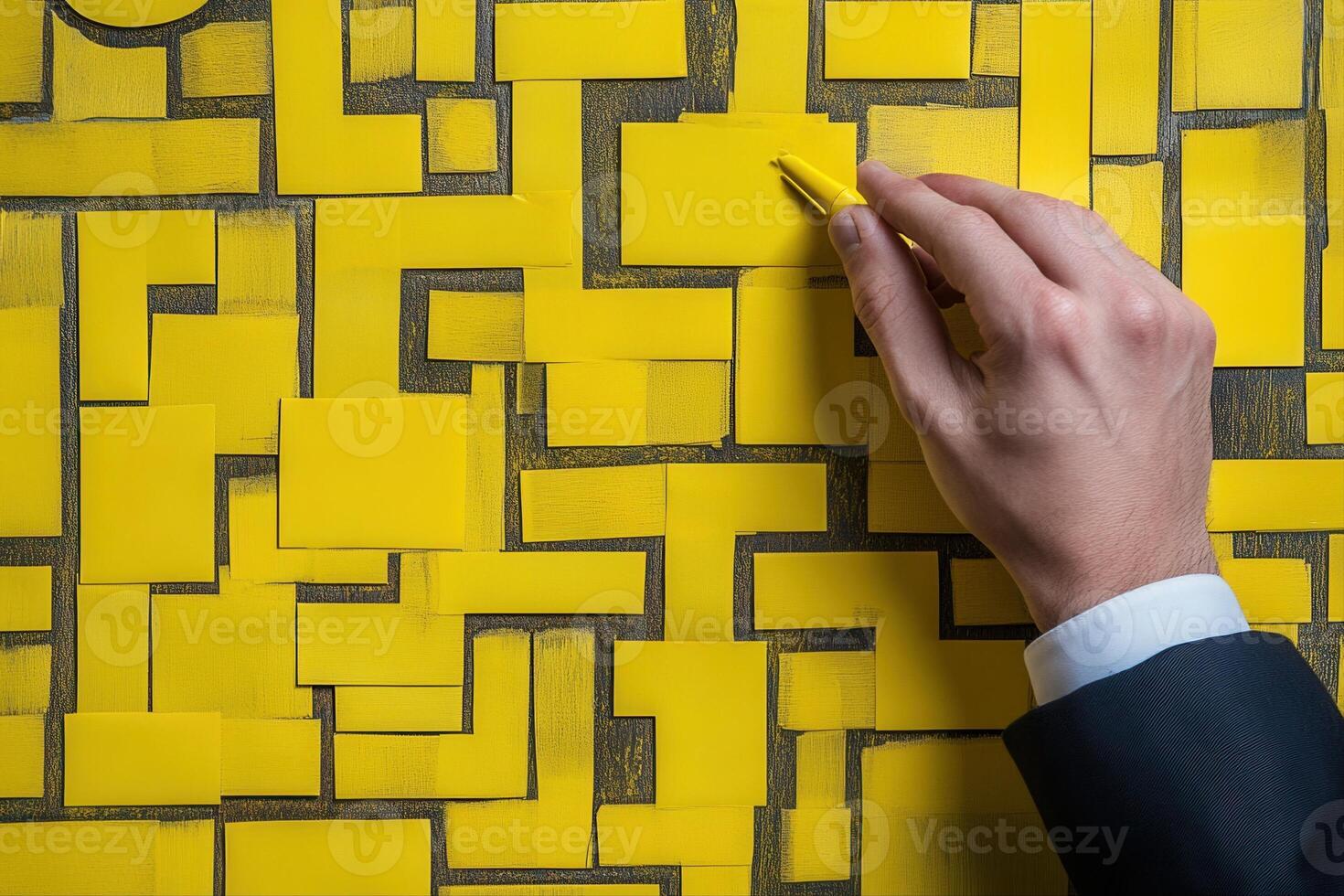 Hand placing a yellow sticky note on a vibrant background of overlapping yellow notes photo