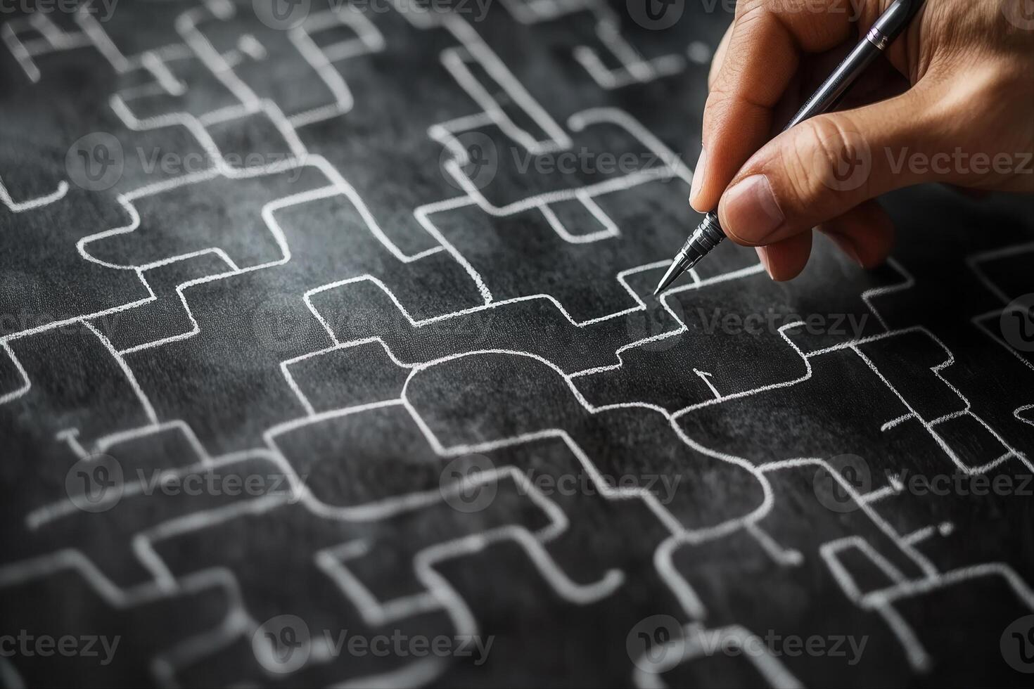 Hand drawing a complex maze on a chalkboard, illustrating creativity and problem-solving photo