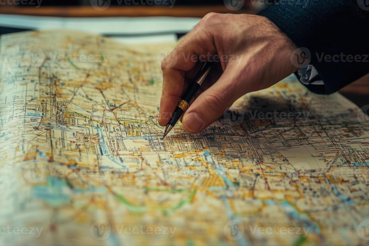 Hand marking a route on a detailed map, showcasing navigation in a busy urban area photo