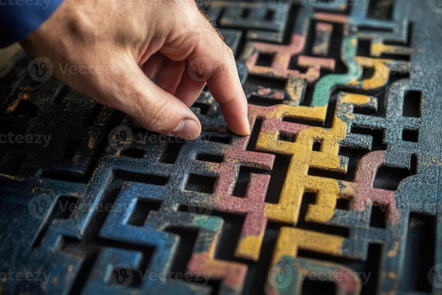 Hand interacting with colorful wooden puzzle, showcasing intricate patterns and textures photo