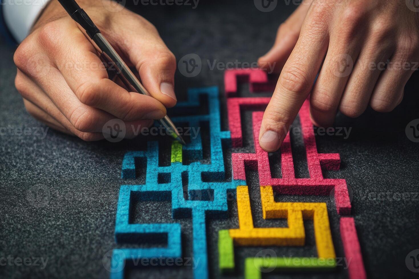 Hands navigating a colorful maze puzzle on a dark surface, showcasing problem-solving skills photo