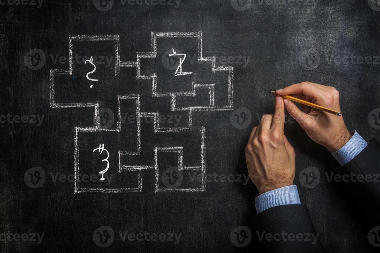 Hands of a business professional sketching a complex maze on a chalkboard background photo
