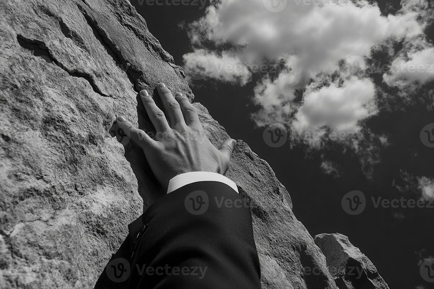 Man in a suit reaching out to a rocky cliff under a cloudy sky, symbolizing ambition photo