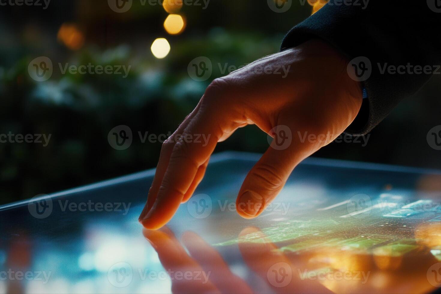 Person interacting with a digital screen at night, illuminated by soft background lights photo
