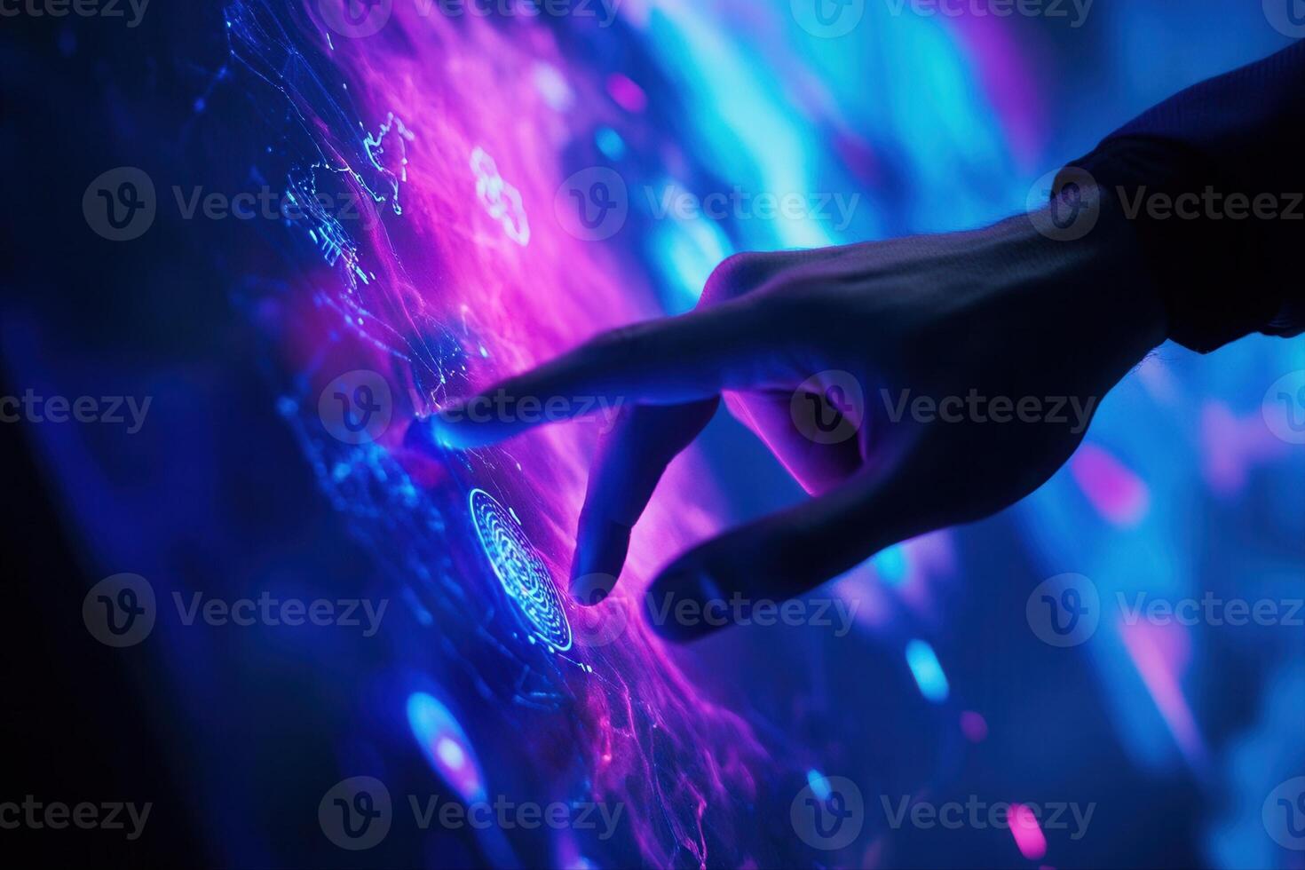 Futuristic hand interacting with vibrant digital interface, showcasing technology and innovation photo