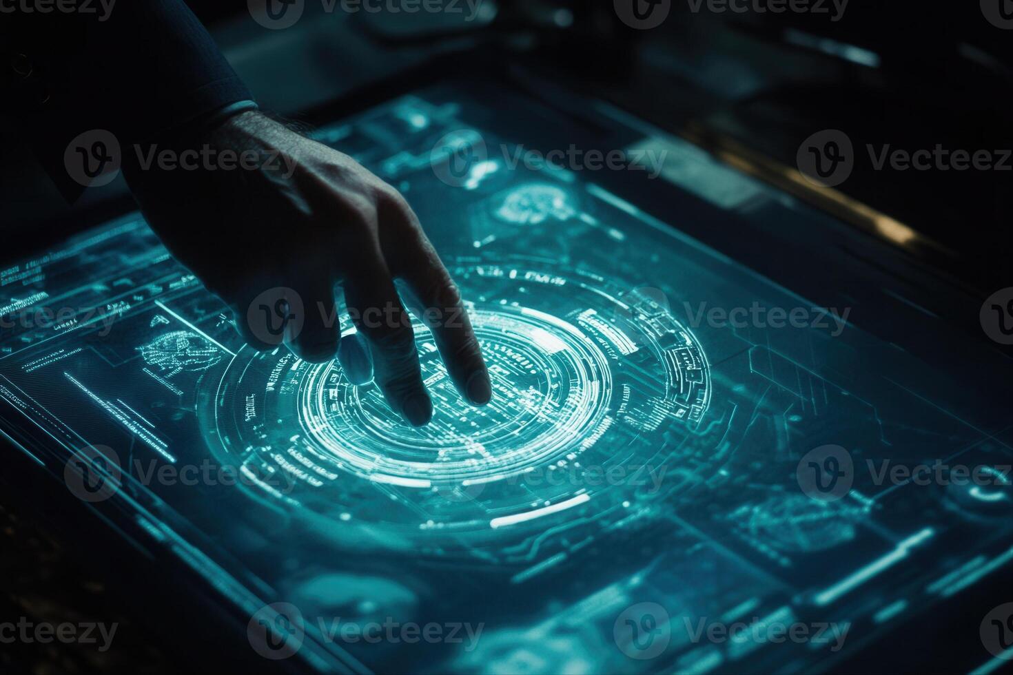Futuristic hand interacting with a translucent digital interface in a high-tech environment photo