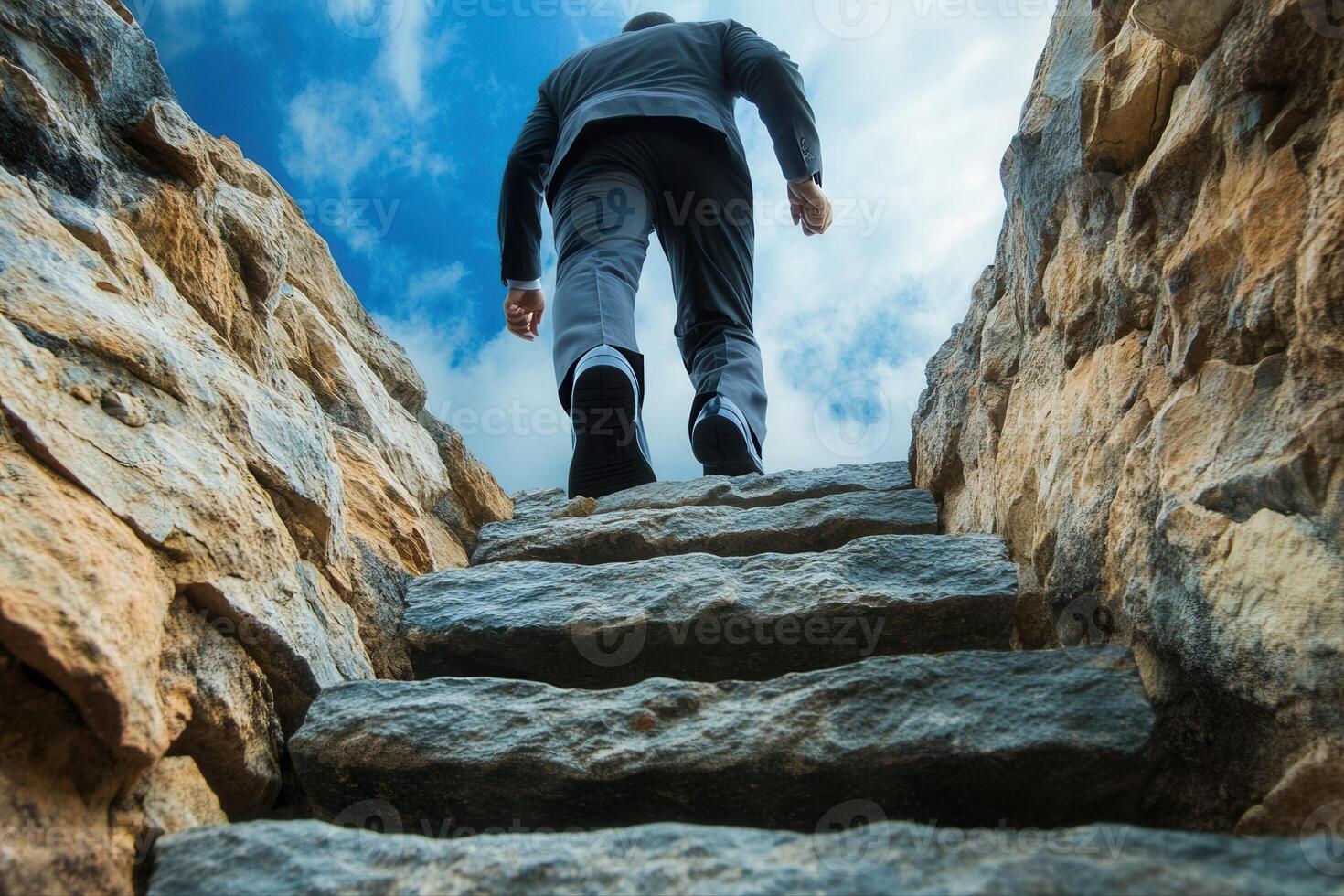 Man ascending rocky stairs under a cloudy sky, symbolizing progress and determination photo