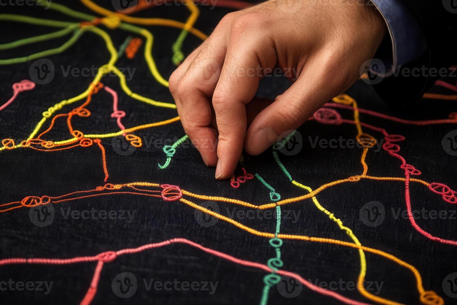 Hand tracing colorful thread patterns on dark fabric, showcasing intricate design elements photo