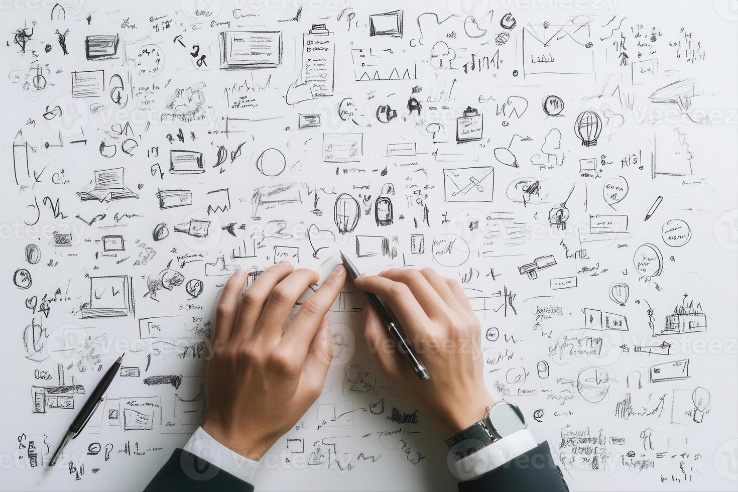 Hands of a business professional sketching ideas on a creative workspace covered in notes photo