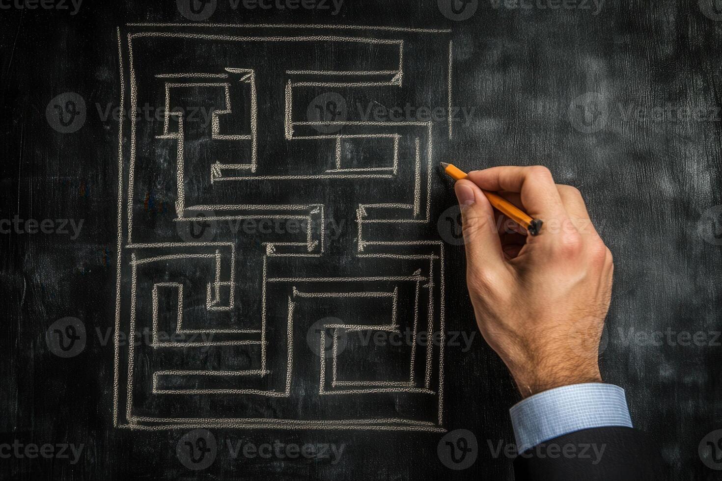 Hand drawing a complex maze on a chalkboard, showcasing creativity and problem-solving photo