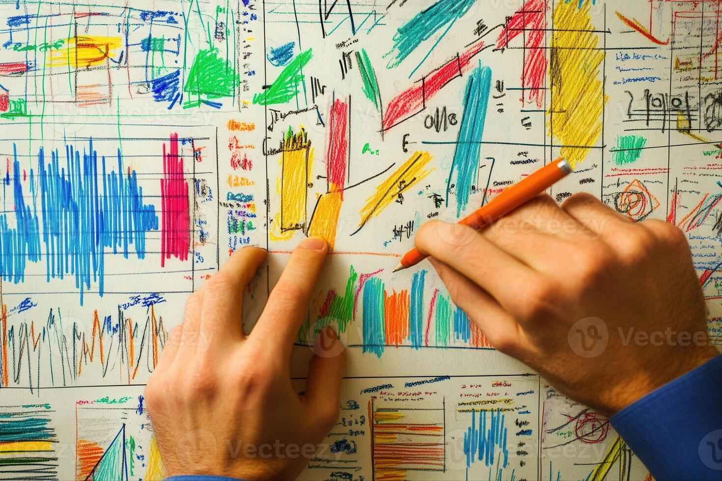 Hands actively illustrating colorful data charts on a whiteboard in a creative workspace photo