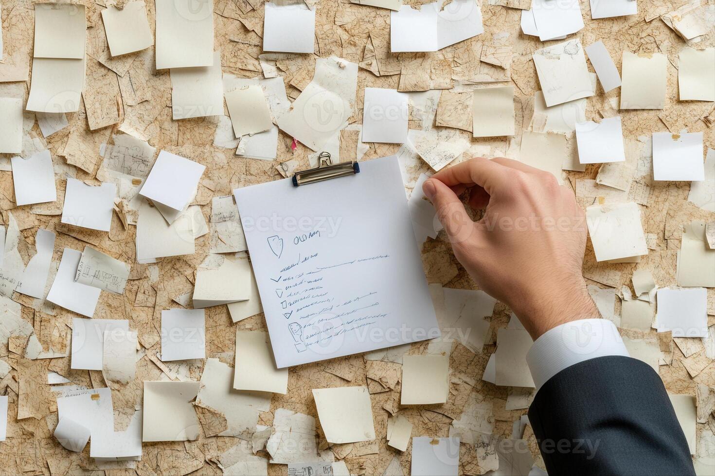 Hand removing a note from a corkboard covered with various reminders and notes photo