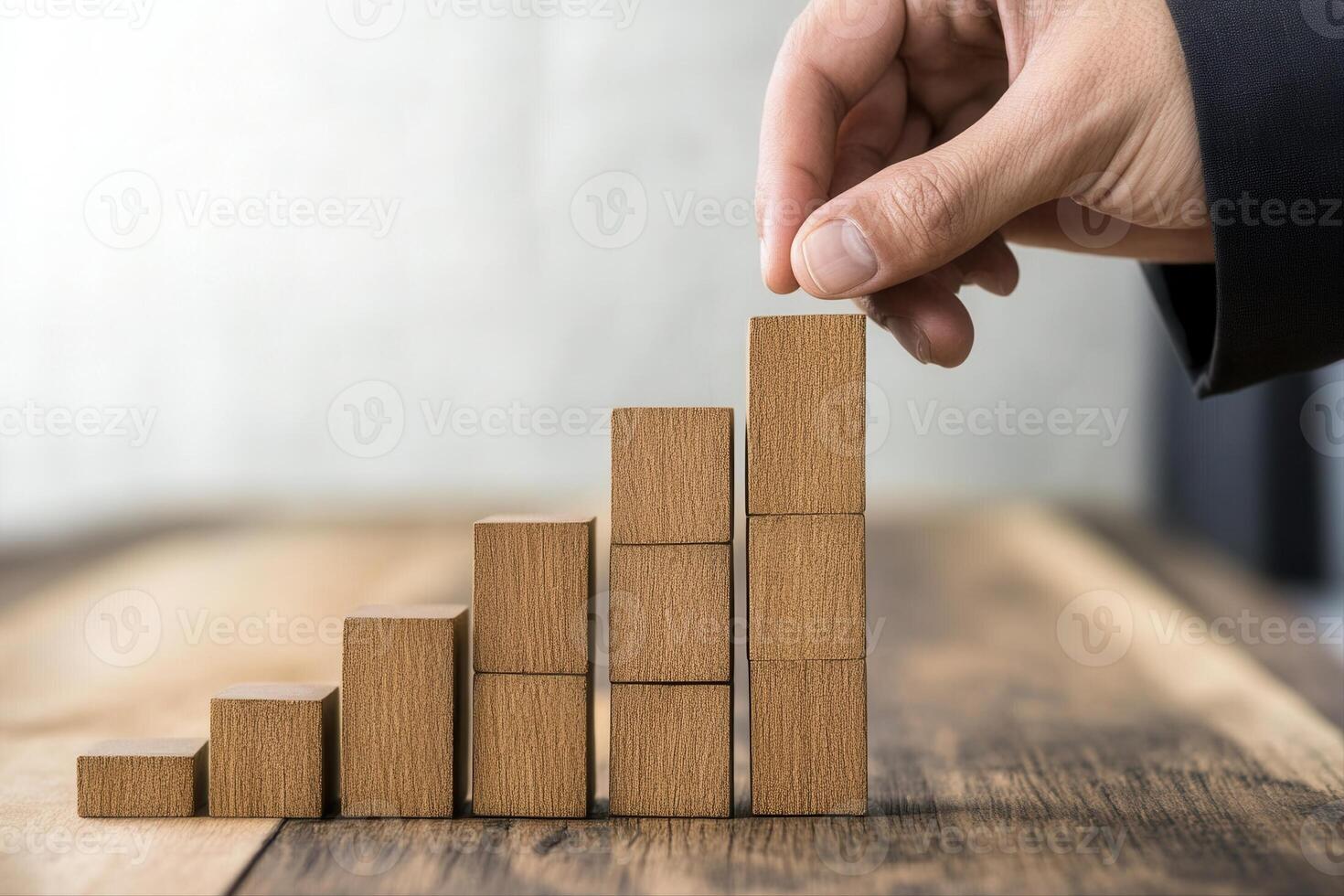 Hand placing wooden block on growth chart, symbolizing progress and success in business photo