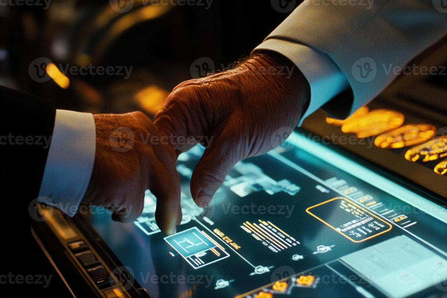 Two hands interacting with a high-tech touchscreen interface in a dimly lit environment photo